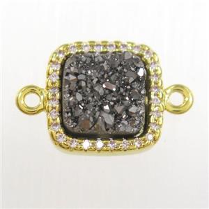 silver druzy quartz square connector pave zircon, gold plated, approx 12x12mm