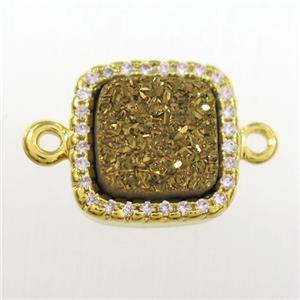 golden druzy quartz square connector pave zircon, gold plated, approx 12x12mm