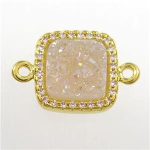 white ab-color druzy quartz square connector pave zircon, gold plated, approx 12x12mm