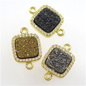 mixed color druzy quartz square connector pave zircon, gold plated, approx 12x12mm