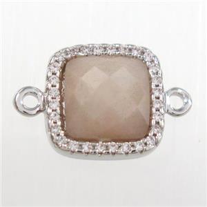 peach moonstone square connector pave zircon, platinum plated, approx 12x12mm