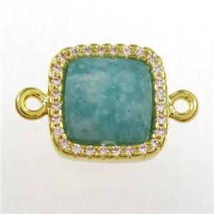 green Amazonite square connector pave zircon, gold plated, approx 12x12mm