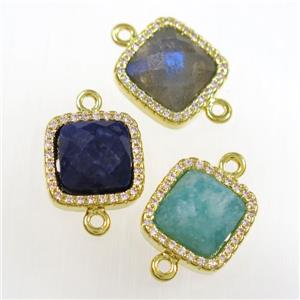 mixed gemstone square connector pave zircon, gold plated, approx 12x12mm