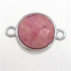 pink Rhodonite circle connector, platinum plated, approx 10mm dia