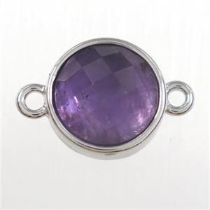 purple Amethyst circle connector, platinum plated, approx 10mm dia
