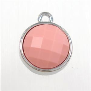 pink dye Coral circle pendant, platinum plated, approx 10mm dia