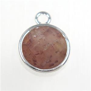 Strawberry Quartz circle pendant, platinum plated, approx 10mm dia