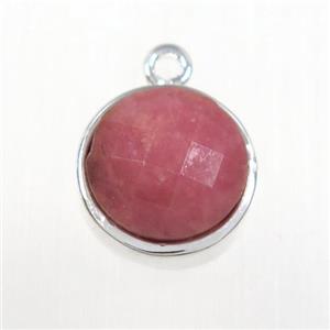 pink Rhodonite circle pendant, platinum plated, approx 10mm dia