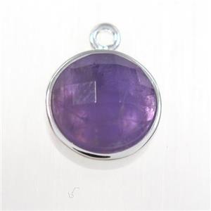 purple Amethyst circle pendant, platinum plated, approx 10mm dia