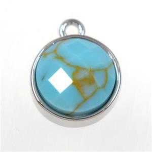 blue Turquoise circle pendant, platinum plated, approx 10mm dia