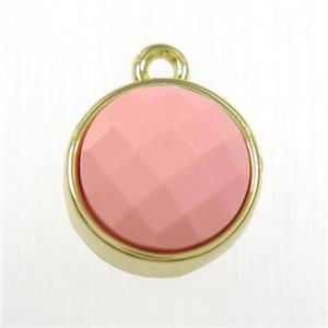 pink dye Coral circle pendant, gold plated, approx 10mm dia