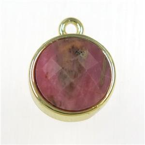 pink Rhodonite circle pendant, gold plated, approx 10mm dia