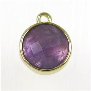 purple Amethyst circle pendant, gold plated, approx 10mm dia