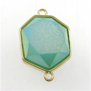 peacock green druzy agate connector, hexagon, gold plated, approx 17-20mm