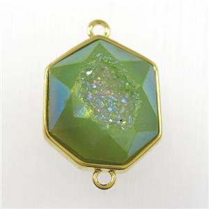 green Druzy Agate connector, hexagon, gold plated, approx 17-20mm