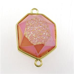 red druzy agate connector, hexagon, gold plated, approx 17-20mm