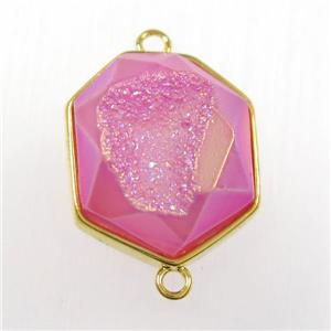 hotpink druzy agate connector, hexagon, gold plated, approx 17-20mm