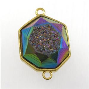 rainbow druzy agate connector, hexagon, gold plated, approx 17-20mm