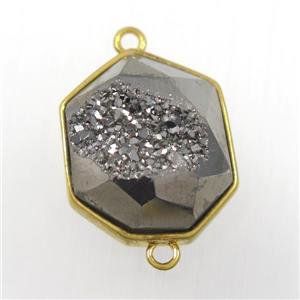 silver Druzy Agate connector, hexagon, gold plated, approx 17-20mm