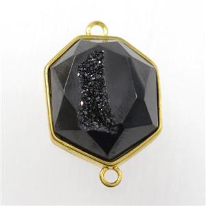 black druzy agate connector, hexagon, gold plated, approx 17-20mm