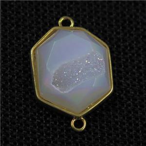 white AB-color druzy agate connector, hexagon, gold plated, approx 17-20mm