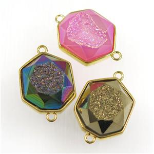 mixed color druzy agate connector, hexagon, gold plated, approx 17-20mm