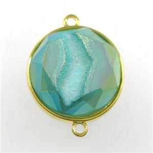peacock green druzy agate connector, circle, gold plated, approx 20mm