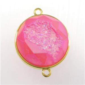 hotpink Druzy Agate connector, circle, gold plated, approx 20mm