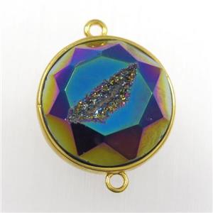 rainbow druzy agate connector, circle, gold plated, approx 20mm