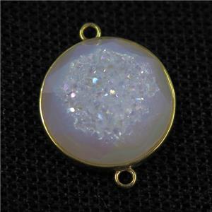 white AB-color druzy agate connector, circle, gold plated, approx 20mm