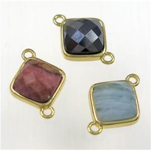 mixed gemstone square connector, gold plated, approx 10x10mm