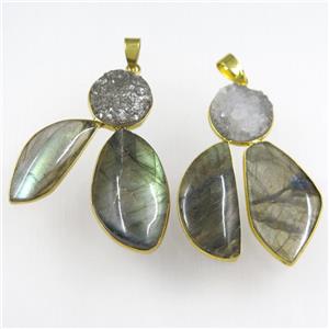 Labradorite pendants with druzy, freeform, gold plated, approx 30-40mm