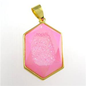 pink Druzy Agate polygon pendant, approx 16-23mm