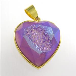 purple Druzy Agate heart pendant, approx 18mm dia