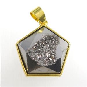 silver Druzy Agate polygon pendant, approx 18mm dia