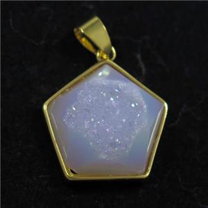 white AB-color Druzy Agate polygon pendant, approx 18mm dia