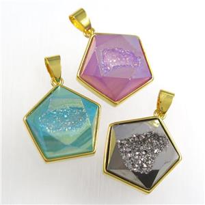 Druzy Agate polygon pendant, mix color, approx 18mm dia