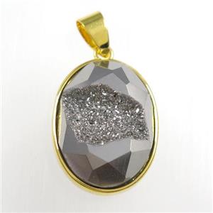 silver Druzy Agate oval pendant, approx 15-20mm
