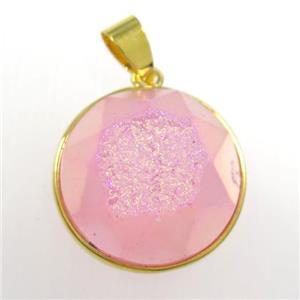 pink Druzy Agate circle pendant, approx 18mm dia