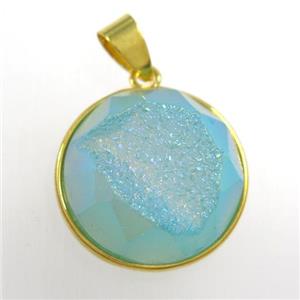 peacock green Druzy Agate circle pendant, approx 18mm dia