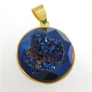 blue Druzy Agate circle pendant, approx 18mm dia