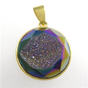 rainbow Druzy Agate circle pendant, approx 18mm dia