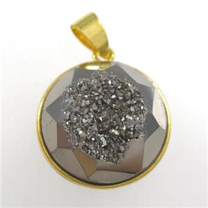 silver Druzy Agate circle pendant, approx 18mm dia