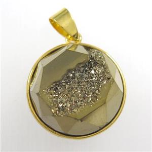 golden Druzy Agate circle pendant, approx 18mm dia