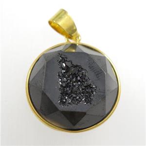 black Druzy Agate circle pendant, approx 18mm dia