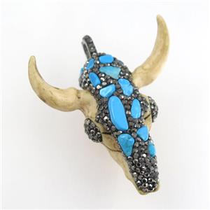 resin bullhead pendant paved rhinestone with turquoise, approx 45-50mm
