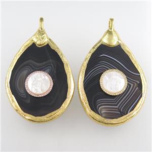 black stripe agate pendant, teardrop, gold plated, approx 40-60mm