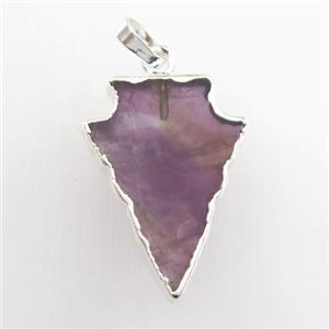 purple Amethyst pendant, arrowhead, silver plated, approx 15-20mm