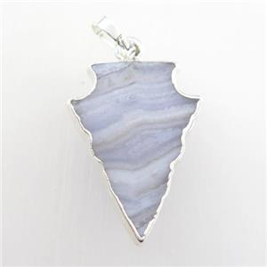 Blue Lace Agate pendant, arrowhead, silver plated, approx 15-20mm