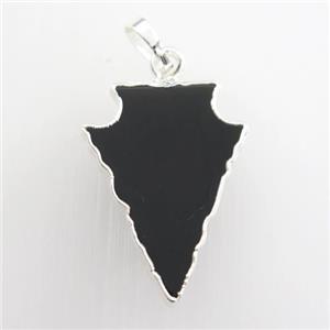 black Onyx Agate pendant, arrowhead, silver plated, approx 15-20mm